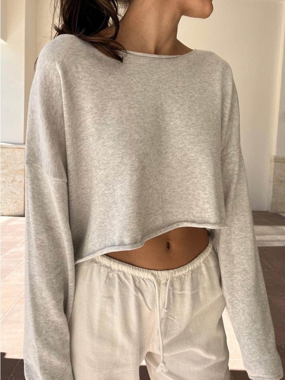 Brandy Melville Cameron Boatneck Cropped Sweater - Light Gray